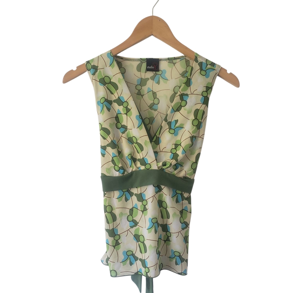 Studio Y Green Sleeveless Wrap Blouse